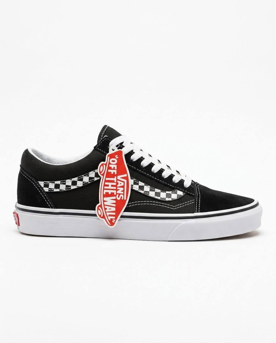 Vans Old Skool - Tenis casuales en negro con detalles de tablero